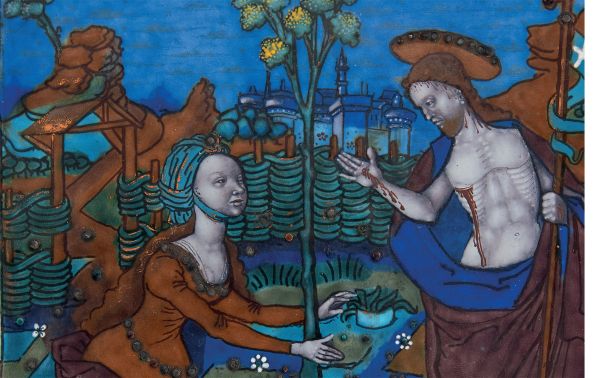 Book cover of Limoges Enamel Triptychs: Three Masterpieces from the Carrand Collection, with detail of enamel triptych in Limoges, with female figure in dark red dress. Published by Officina Libraria.