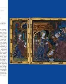 Book cover of Limoges Enamel Triptychs: Three Masterpieces from the Carrand Collection, with detail of enamel triptych in Limoges, with female figure in dark red dress. Published by Officina Libraria.