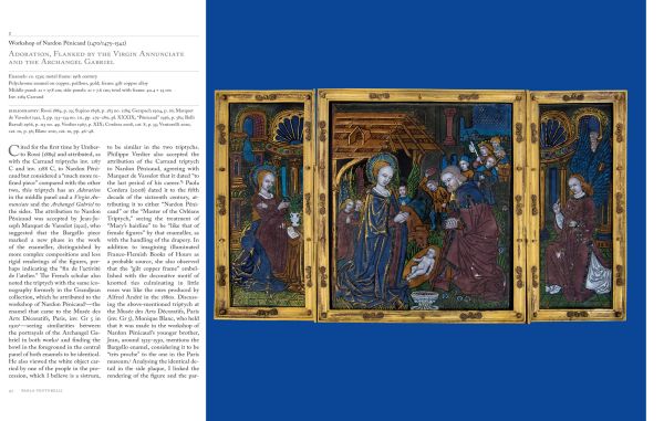 Book cover of Limoges Enamel Triptychs: Three Masterpieces from the Carrand Collection, with detail of enamel triptych in Limoges, with female figure in dark red dress. Published by Officina Libraria.