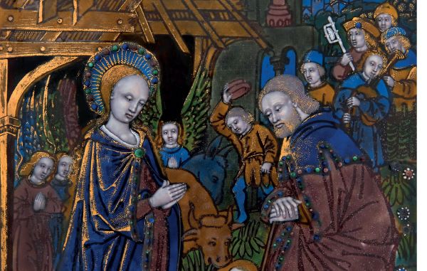 Book cover of Limoges Enamel Triptychs: Three Masterpieces from the Carrand Collection, with detail of enamel triptych in Limoges, with female figure in dark red dress. Published by Officina Libraria.