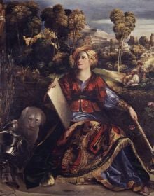 Book cover of Galleria Borghese. Catalogo generale: II.1 Dipinti del Quattrocento e Cinquecento, featuring a painting titled 'Sacred and Profane Love', by Titian. Published by Officina Libraria.