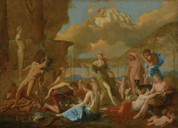 Book cover of Poetry and Painting: Giovan Battista Marino and the “Marvelous” Passion, featuring a painting by Nicolas Poussin titled 'The Empire of Flora. Published by Officina Libraria.