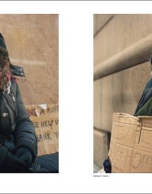 Book cover of Andres Serrano; with a homeless man laying under cardboard. Published by Silvana.