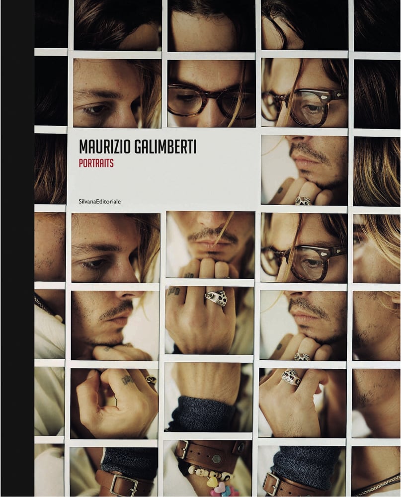 Mosaic polaroid shots of actor Johnny Depp wearing glasses, deep in thought, MAURIZIO GALIMBERTI PORTRAITS in black and red font on white banner to upper left.
