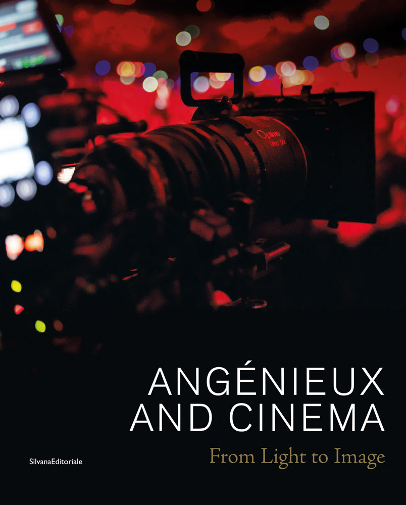 Large camera lens with video equipment, red filter, ANGENIEUX AND CINEMA From Light to Image in white and yellow font below
