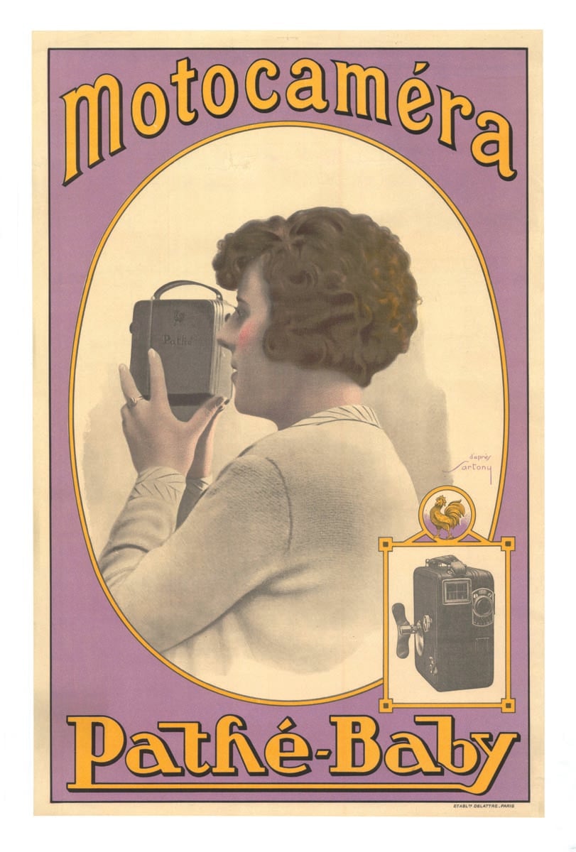 Large camera lens with video equipment, red filter, ANGENIEUX AND CINEMA From Light to Image in white and yellow font below