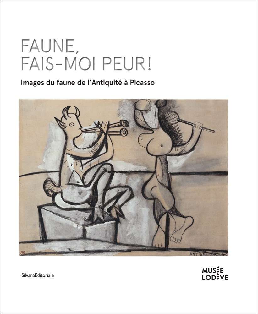 Pablo Picasso drawing of Faun blowing pipes, naked figure dancing, white cover, FAUNE, FAIR-MOI PEUR! in grey font above