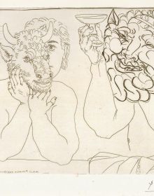 Pablo Picasso drawing of Faun blowing pipes, naked figure dancing, white cover, FAUNE, FAIR-MOI PEUR! in grey font above