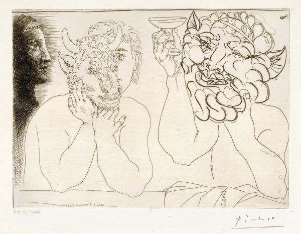 Pablo Picasso drawing of Faun blowing pipes, naked figure dancing, white cover, FAUNE, FAIR-MOI PEUR! in grey font above