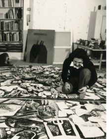 Book cover of Dia Al-Azzawi: A Retrospective From 1963 Until Tomorrow; with the artist in front of an abstract painting. Published by Silvana.