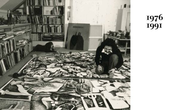 Book cover of Dia Al-Azzawi: A Retrospective From 1963 Until Tomorrow; with the artist in front of an abstract painting. Published by Silvana.