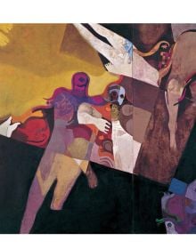 Book cover of Dia Al-Azzawi: A Retrospective From 1963 Until Tomorrow; with the artist in front of an abstract painting. Published by Silvana.