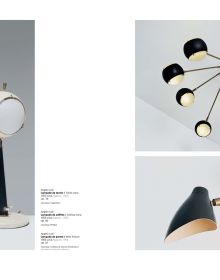 Standing industrial lamp with 3 poles with shades, on off white cover, Arredoluce in dark red font above