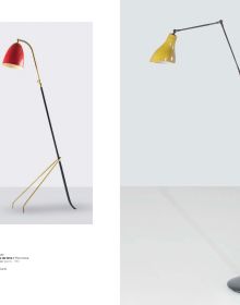 Standing industrial lamp with 3 poles with shades, on off white cover, Arredoluce in dark red font above