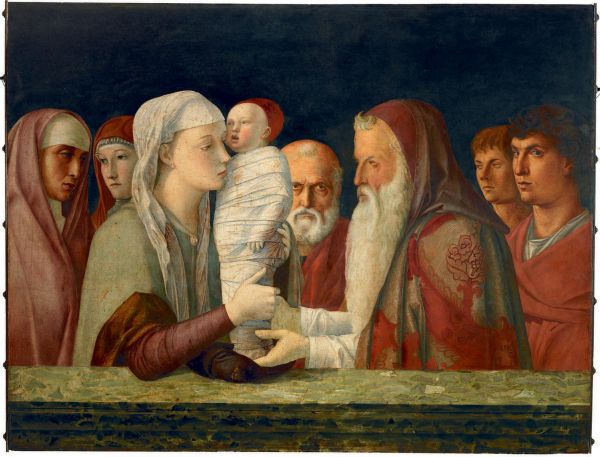 Cut out section, Presentation of Jesus at the Temple by Mantegna, mother and child, black cover, BELLINI MANTEGNA in white font above