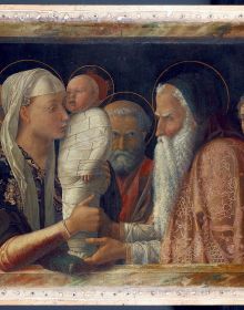 Cut out section, Presentation of Jesus at the Temple by Mantegna, mother and child, black cover, BELLINI MANTEGNA in white font above