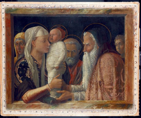 Cut out section, Presentation of Jesus at the Temple by Mantegna, mother and child, black cover, BELLINI MANTEGNA in white font above