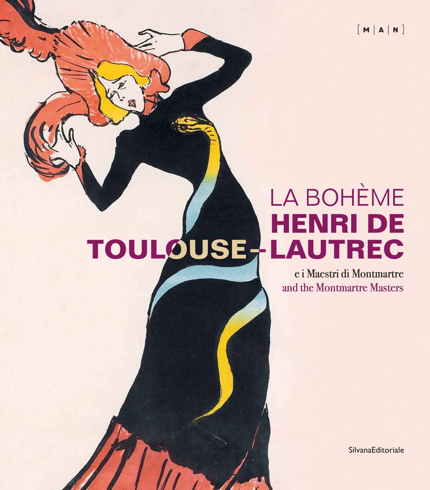 French can-can dancer Jane Avril in black dress, red hat with feathers, pale pink cover, LA BOHEME HENRI DE TOULOUSE-LAUTREC in purple font to centre right