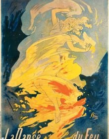 French can-can dancer Jane Avril in black dress, red hat with feathers, pale pink cover, LA BOHEME HENRI DE TOULOUSE-LAUTREC in purple font to centre right