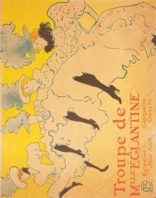 French can-can dancer Jane Avril in black dress, red hat with feathers, pale pink cover, LA BOHEME HENRI DE TOULOUSE-LAUTREC in purple font to centre right