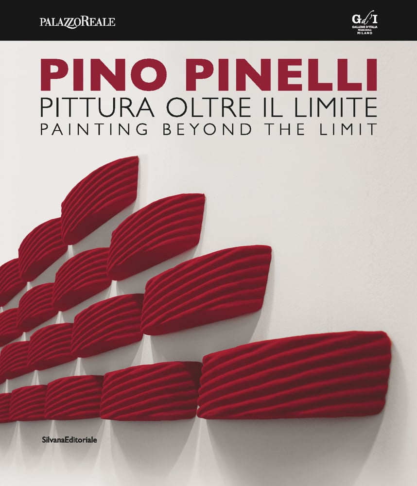 Berry red long curved shapes, with ridges, mounted in lines on white wall, PINO PINELLI in berry red above