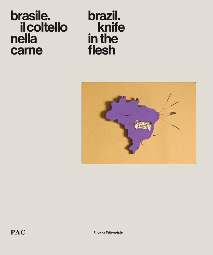 Country shape of Brazil in purple, on orange oblong, off white cover, brazil. knife in the flesh in black font above