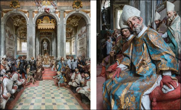 Illuminated front of one of the Chapels of The Sacri Monti, under night sky, I SACRI MONTI in white font to upper left.