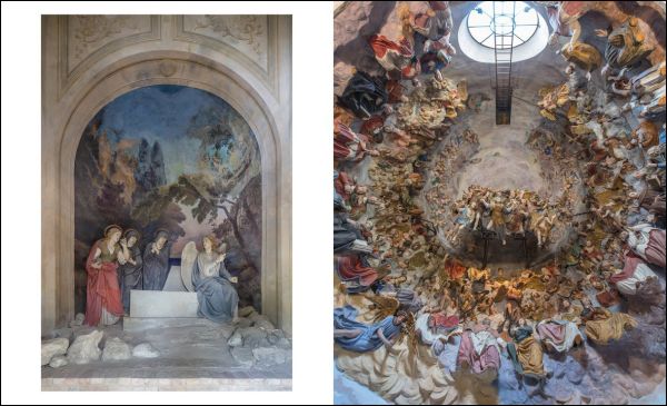 Illuminated front of one of the Chapels of The Sacri Monti, under night sky, I SACRI MONTI in white font to upper left.