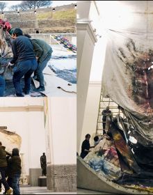 Performance art scene with explosive orange fire and white smoke, CAI GUO-QIANG AND POMPEII In the Volcano in white font to centre.
