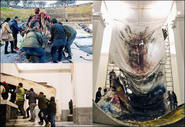 Performance art scene with explosive orange fire and white smoke, CAI GUO-QIANG AND POMPEII In the Volcano in white font to centre.