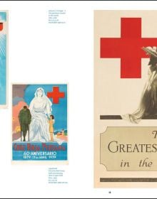 Collection of Red Cross advertising poster in various languages, to lower half, posters in black font to top white banner.