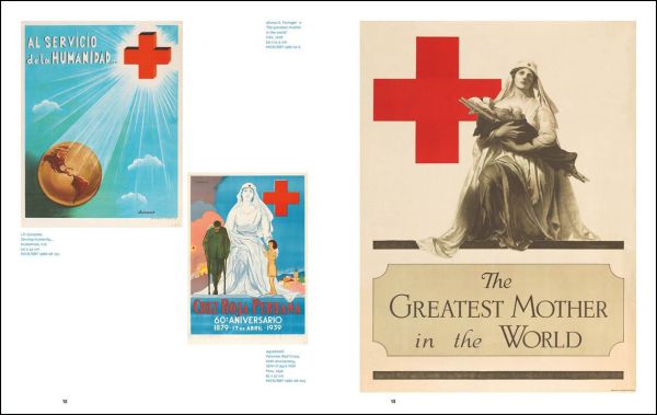 Collection of Red Cross advertising poster in various languages, to lower half, posters in black font to top white banner.