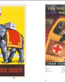 Collection of Red Cross advertising poster in various languages, to lower half, posters in black font to top white banner.