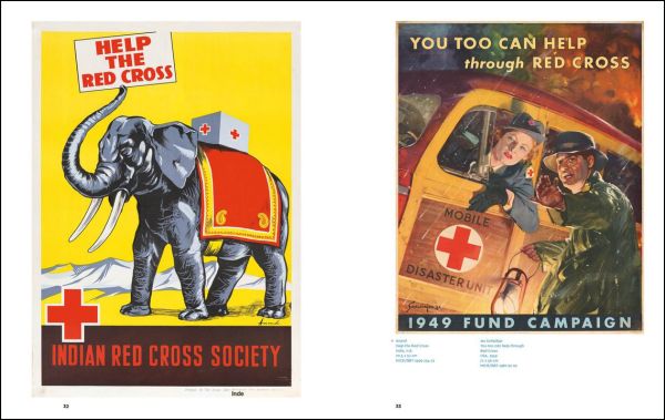 Collection of Red Cross advertising poster in various languages, to lower half, posters in black font to top white banner.
