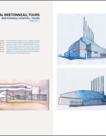 Architectural drawing of futuristic rocket like structure with extended floor platforms around top, white cover, AYMERIC ZUBLENA architecte, architect in blue and black font to top left.