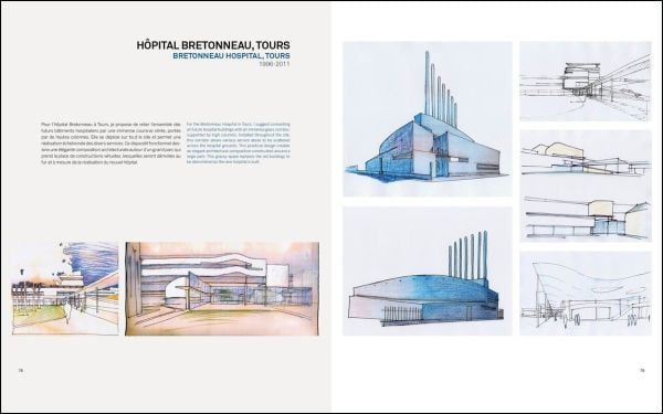 Architectural drawing of futuristic rocket like structure with extended floor platforms around top, white cover, AYMERIC ZUBLENA architecte, architect in blue and black font to top left.