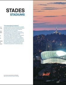 Architectural drawing of futuristic rocket like structure with extended floor platforms around top, white cover, AYMERIC ZUBLENA architecte, architect in blue and black font to top left.