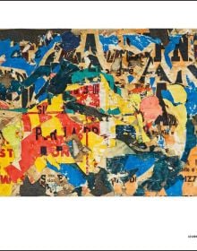 Montage of collage poster images, Marilyn Monroe, Mimmo Rotella Manifesto in white font on black top left banner