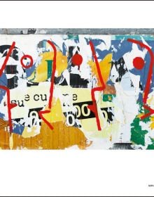 Montage of collage poster images, Marilyn Monroe, Mimmo Rotella Manifesto in white font on black top left banner