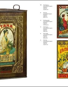 Book cover of Italian Olive Oil Tins: Guatelli Collection; featuring colourful print of a person holding a tin of olive oil. Published by Silvana.