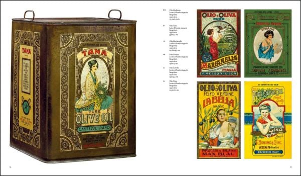 Book cover of Italian Olive Oil Tins: Guatelli Collection; featuring colourful print of a person holding a tin of olive oil. Published by Silvana.