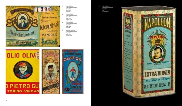 Book cover of Italian Olive Oil Tins: Guatelli Collection; featuring colourful print of a person holding a tin of olive oil. Published by Silvana.