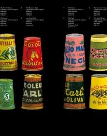 Book cover of Italian Olive Oil Tins: Guatelli Collection; featuring colourful print of a person holding a tin of olive oil. Published by Silvana.