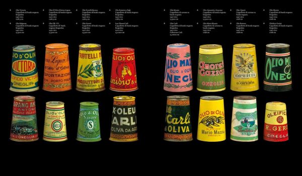 Book cover of Italian Olive Oil Tins: Guatelli Collection; featuring colourful print of a person holding a tin of olive oil. Published by Silvana.
