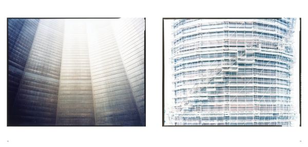 Aerial view of geometrical top of Gasometro, Carlo Valsecchi Gasometro M.A.N. n. 3 in dark grey font above