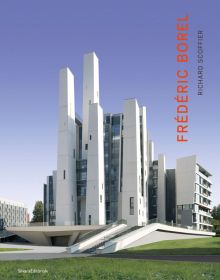 Modern high rise building under blue sky, FREDERIC BOREL in red font down right edge.