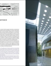 Modern high rise building under blue sky, FREDERIC BOREL in red font down right edge.