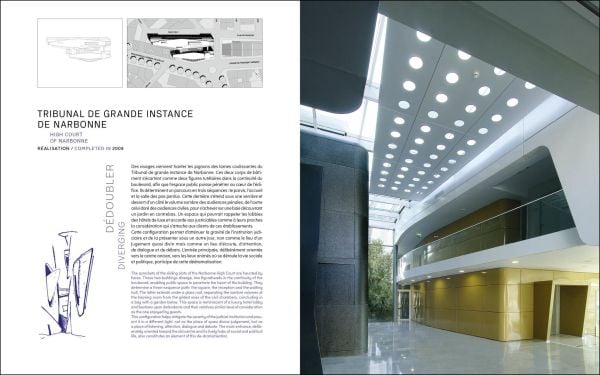 Modern high rise building under blue sky, FREDERIC BOREL in red font down right edge.