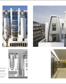 Modern high rise building under blue sky, FREDERIC BOREL in red font down right edge.