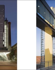 Modern high rise building under blue sky, FREDERIC BOREL in red font down right edge.